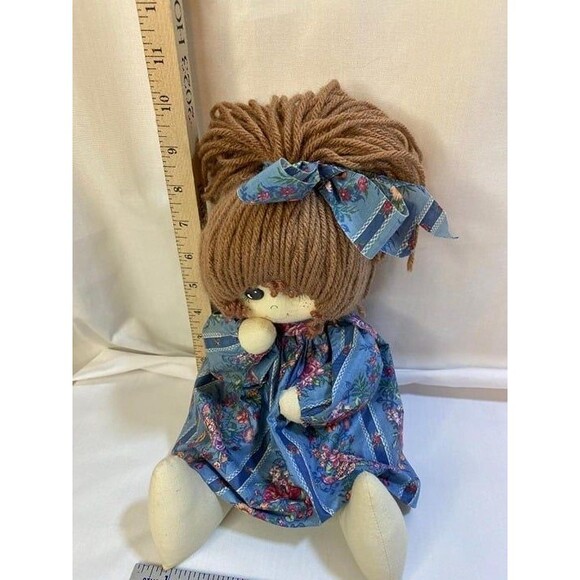 Doll Rag Vintage Handmade Cloth Soft Sculpture Blue Dress Yarn Hair button eyes - Picture 3 of 9